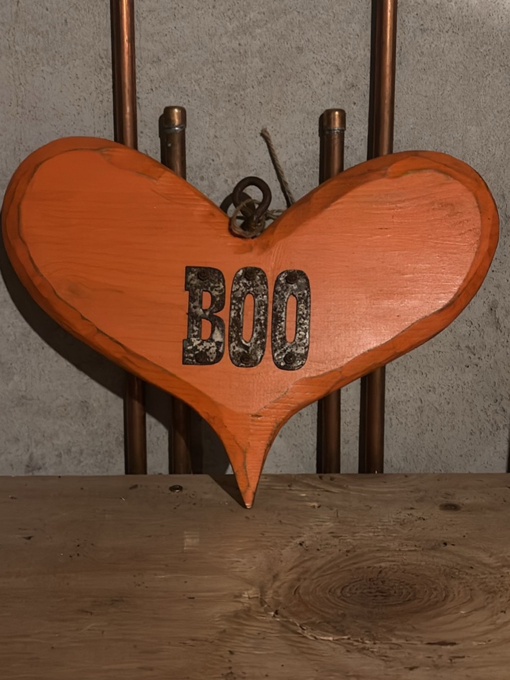 Orange Wooden Heart BOO Hanging Sign